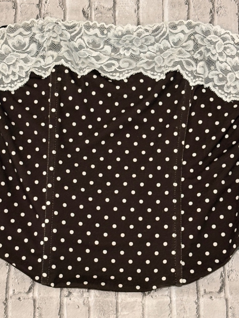 feather 11 Brown Polka Dot Strapless Corset Top with White Lace Trim, Size M